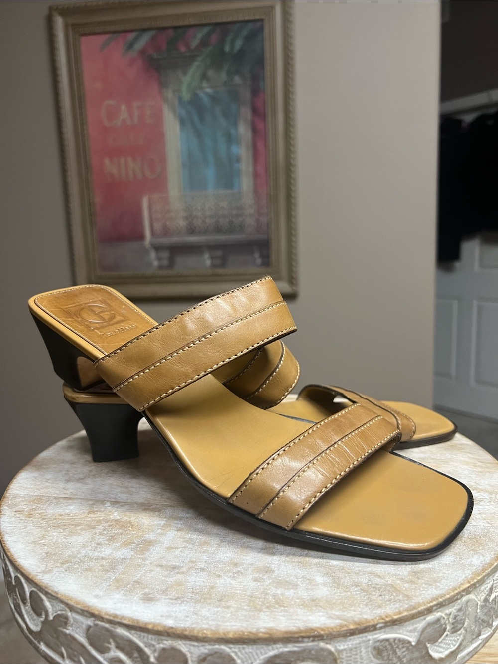 Cole Haan Women’s Tan Leather Double-Strap Midblock Heel Sandals Size 10 B